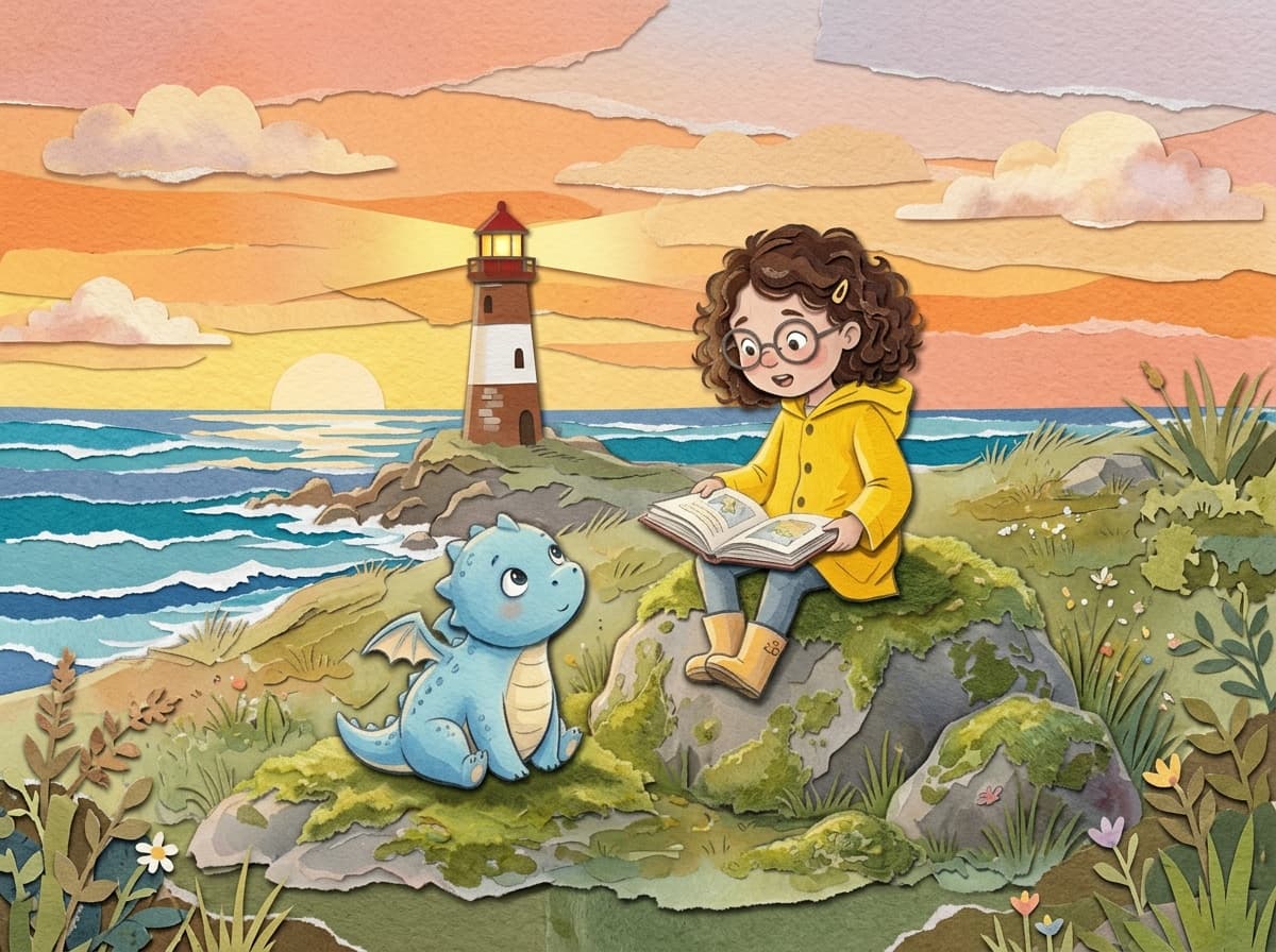 La niña del chubasquero amarillo y el dragón azul, en collage de papel
