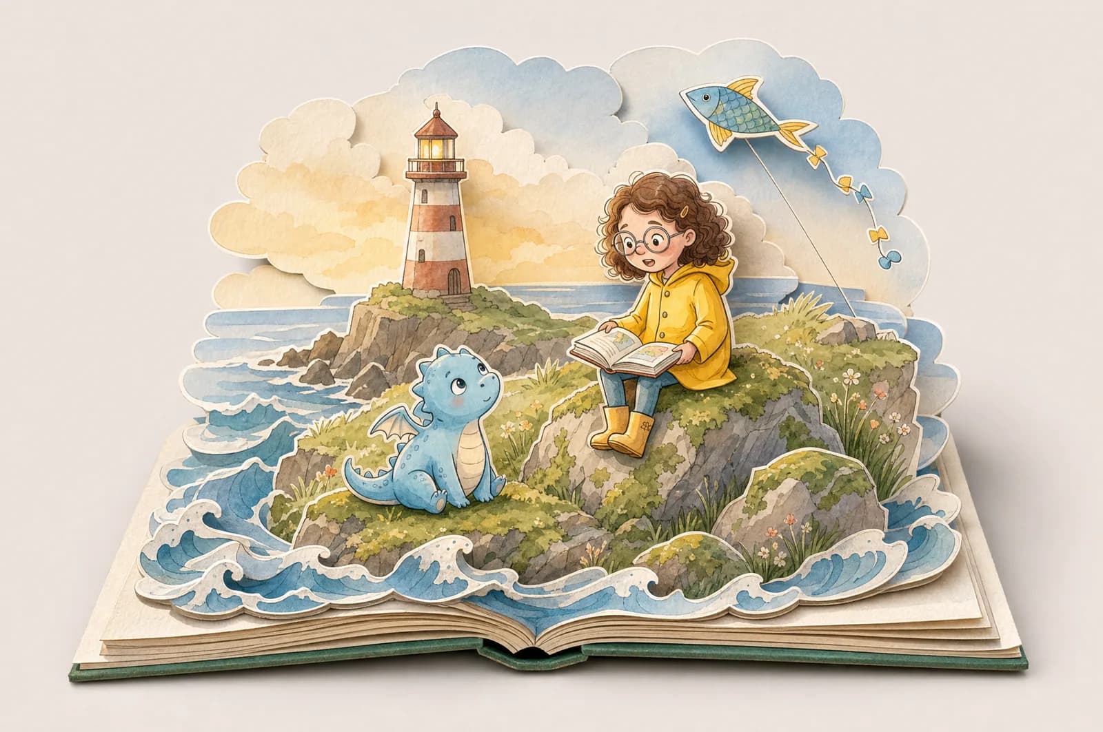Detalle del libro desplegable con la niña y el dragón